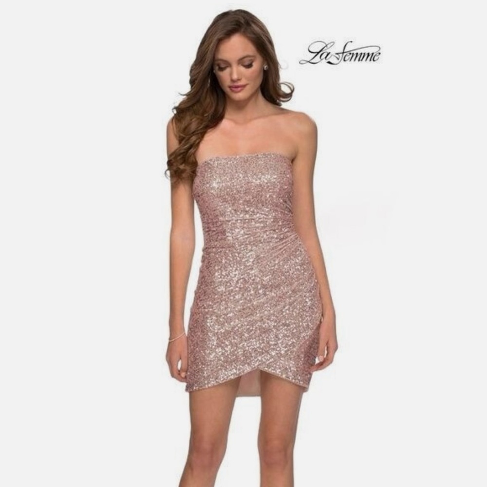 La Femme 29410 Ruched Strapless Sequined Short Dress in Rose Gold 